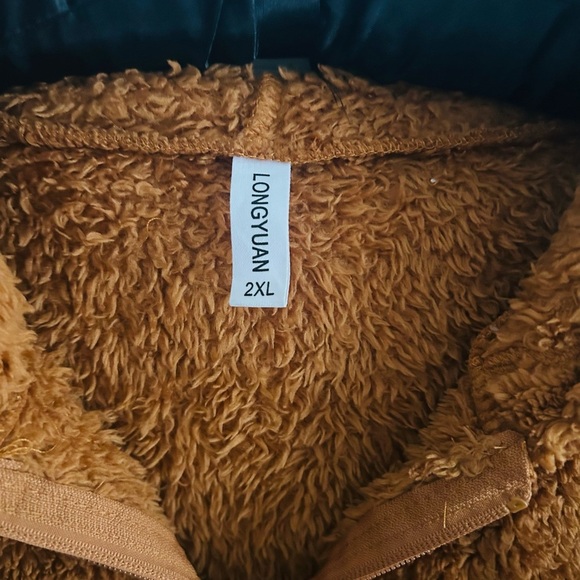 LONGYUAN Fuzzy Cozy Brown and White Sherpa Hoodie with pockets, size 2X - Picture 5 of 8